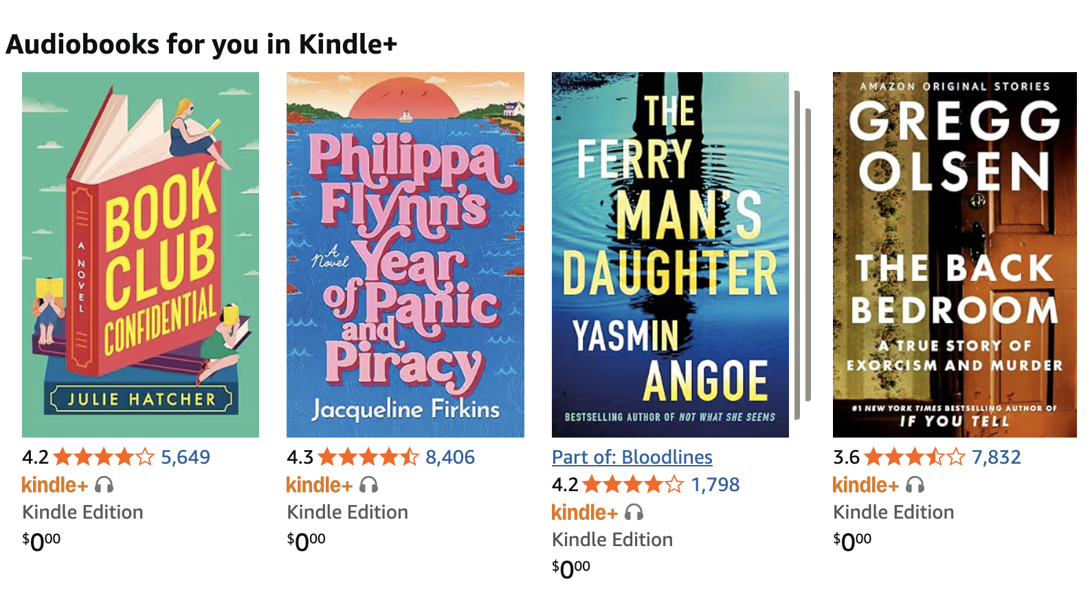 Screenshot of audiobooks included with a Kindle+ subscription on Amazon